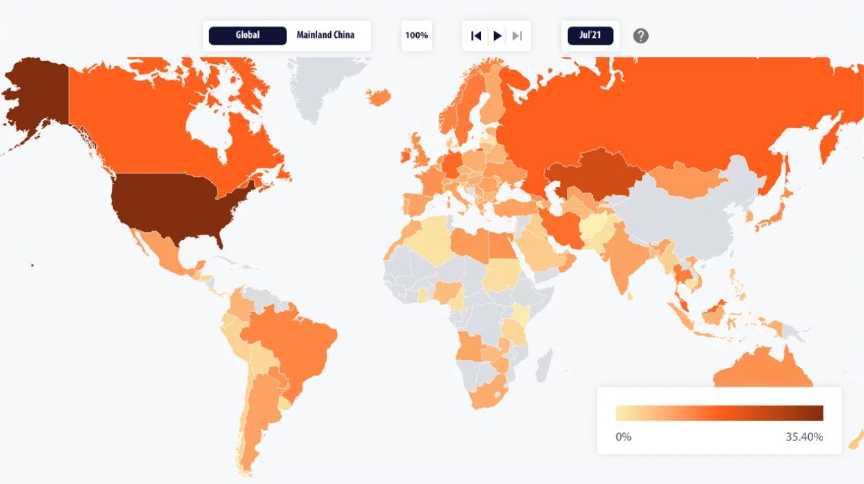 Bitcoin mining map as of July 2021